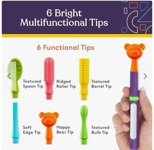 BUZZ BUDDY™ Oral Stimulation Kit with 6 Soft Textured Interchangeable Heads, Calm Sensory Needs, Support Speech, and Stimulate Self Feeding, Gentle Vibrations