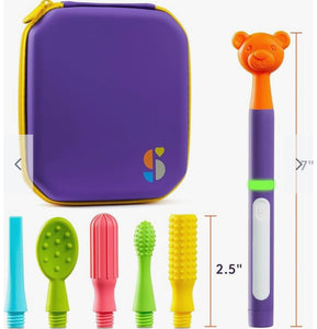 BUZZ BUDDY™ Oral Stimulation Kit with 6 Soft Textured Interchangeable Heads, Calm Sensory Needs, Support Speech, and Stimulate Self Feeding, Gentle Vibrations